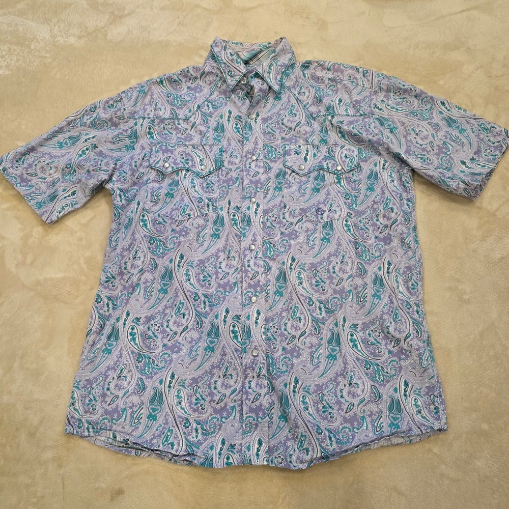 Roper Wear The West Men's M Short Sleeve Pearl Snap Western Paisley Shirt Blue